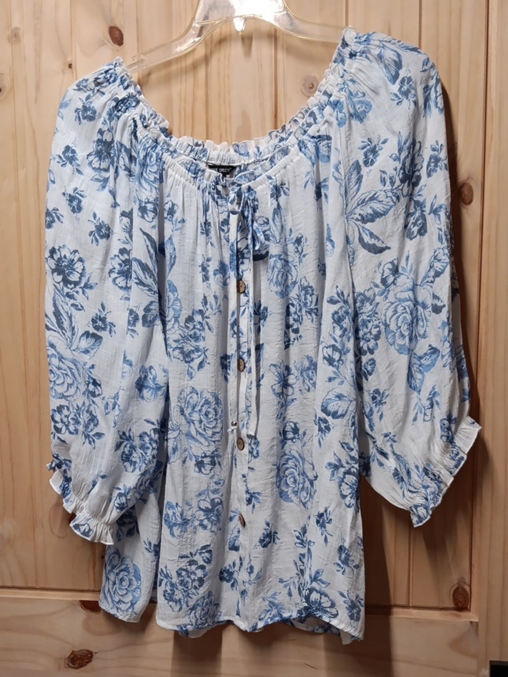 Unique Spectrum White Peasant Blouse with Blue Floral Print